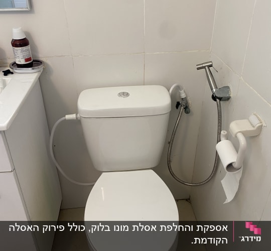 אסלה עם מיכל הדחה ומקלחת יד ליד הקיר